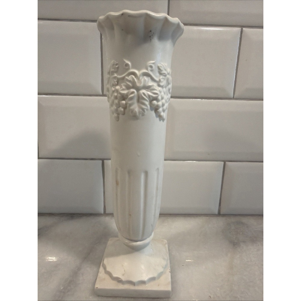 Vintage Inarco Vase With Embossed Grapes On 8 Inch White Lovely Bud Vase